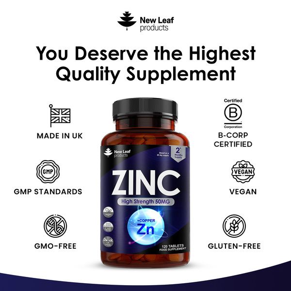 New leaf health Zinc 50mg High Strength 120 Zinc Tablets with Copper, Contributes Towards The Immune System, Bone Health and Fertility image 4