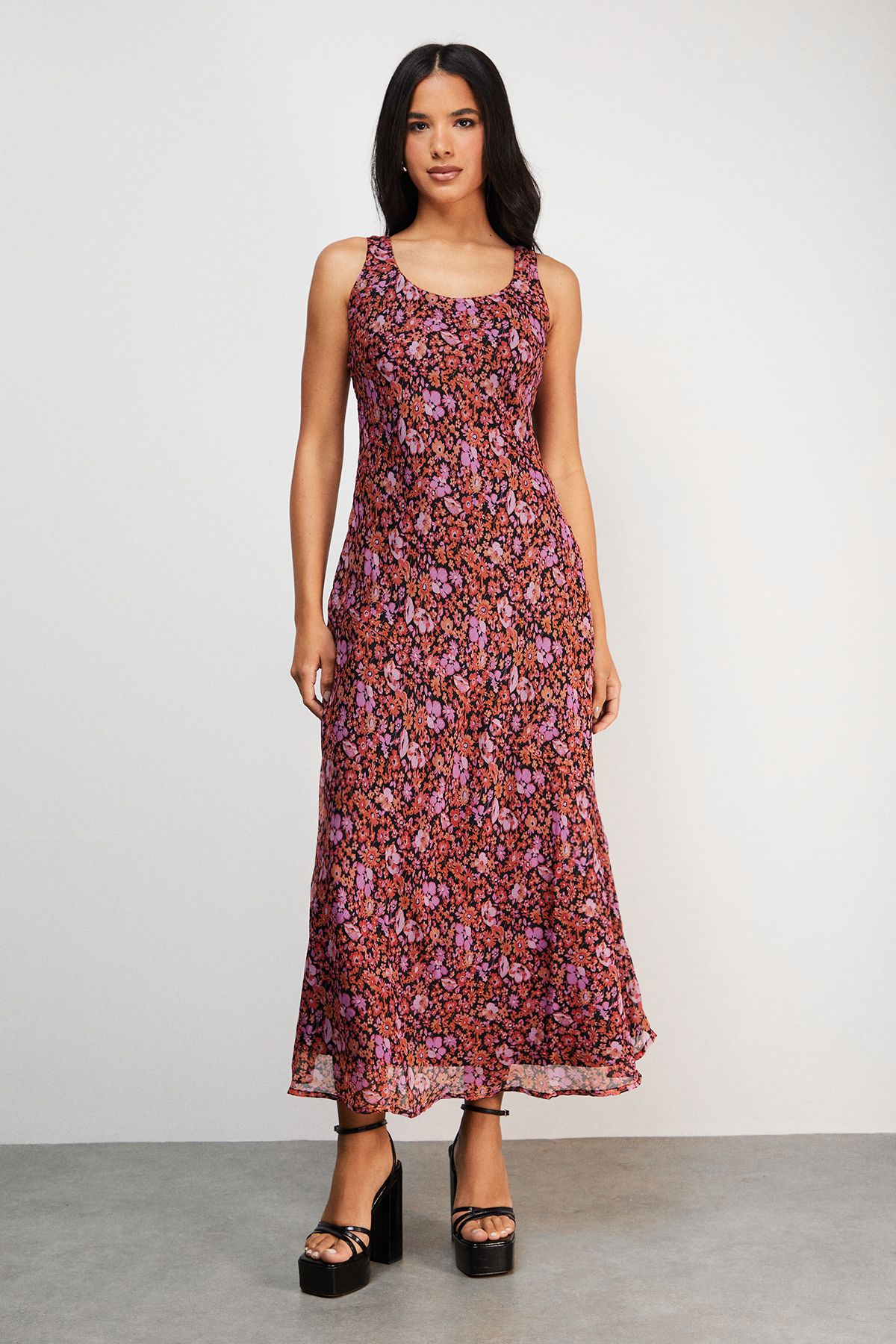 Warehouse Ditsy Floral Chiffon Square Neck Bias Midi Slip Dress Pink