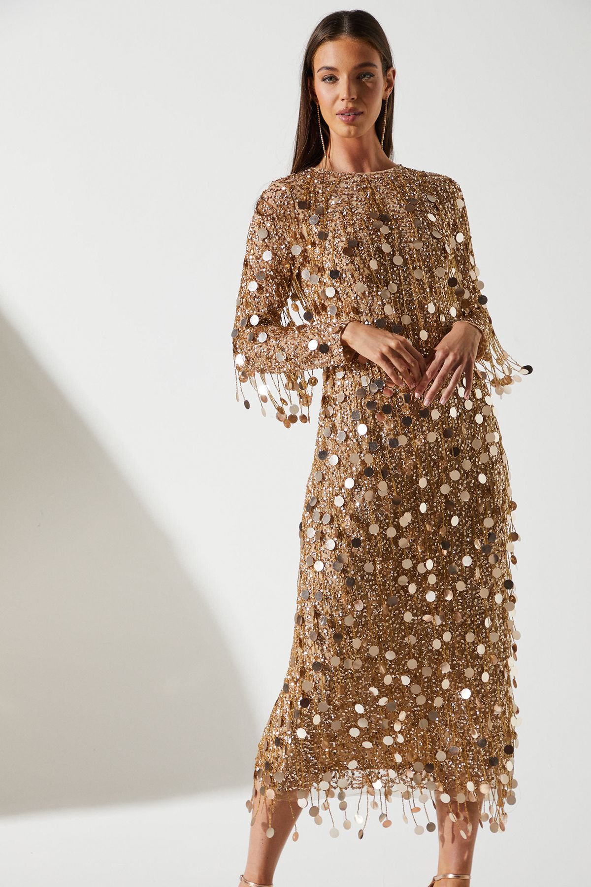 Coast Sequin Long Sleeve Midi Dress Gold image 2