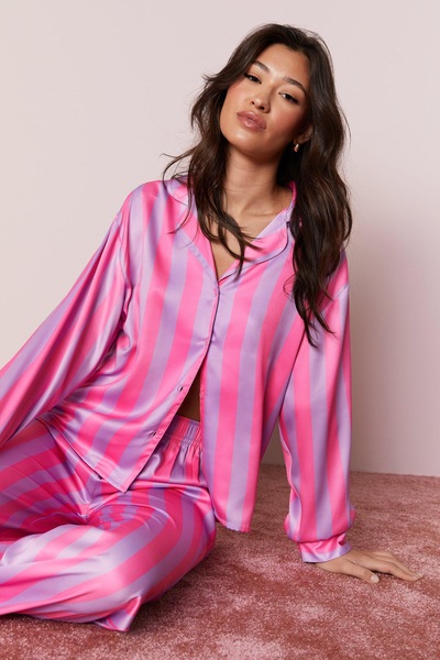 NastyGal Satin Oversized Stripe Pajama Pants Set Pink
