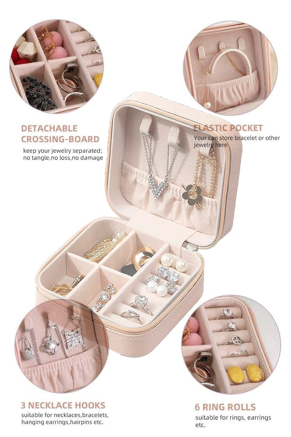 Living and Home Mini Portable PU Leather Jewelry Box Organizer Travel Jewellery Display Holder for Women image 4