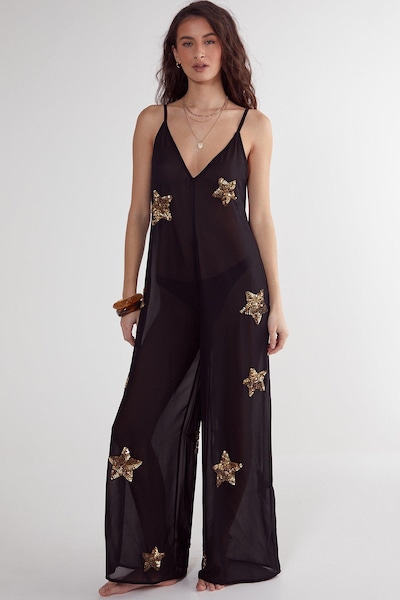 NastyGal Star Embellished Beach Jumpsuit Black