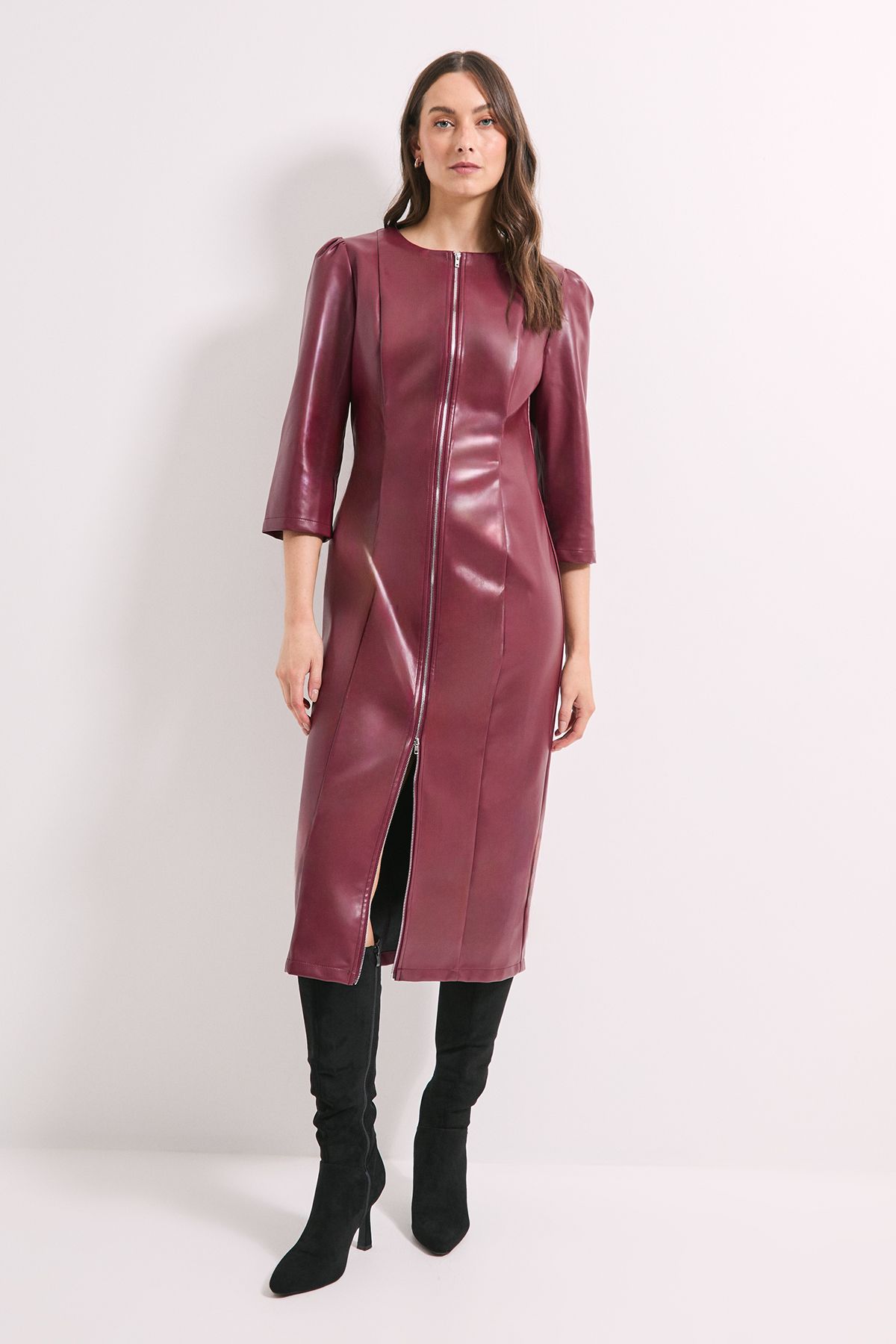 Principles PU Long Sleeve Column Midi Dress Wine