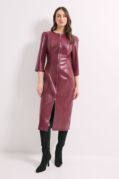 Principles PU Long Sleeve Column Midi Dress Wine