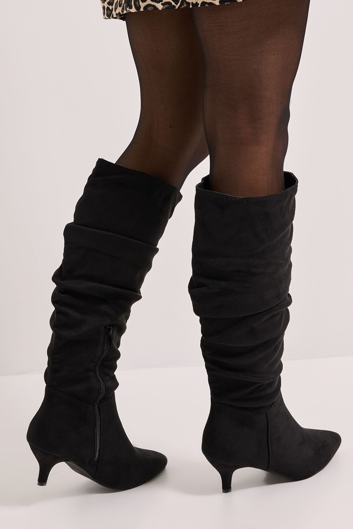 Dorothy Perkins Wide Fit Khloe Faux Suede Kitten Heel Knee High Ruched Boots Natural Black image 3