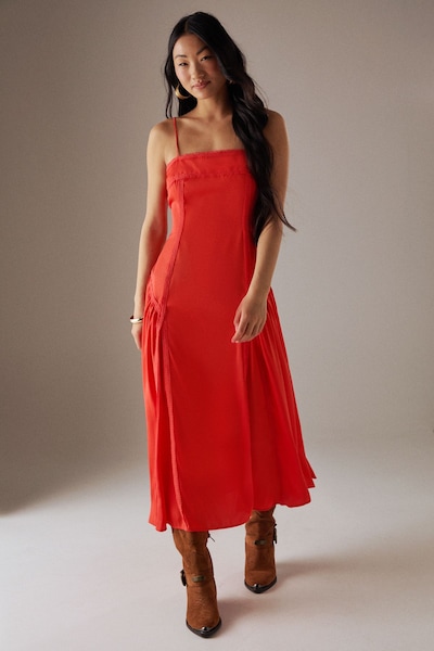 Warehouse Petite Satin Lace Trim Detail Godet Strappy Midi Dress Orange