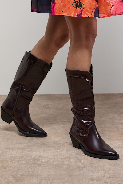 Oasis Louise Faux Leather Stitch Detail Western Knee Boots Cherry