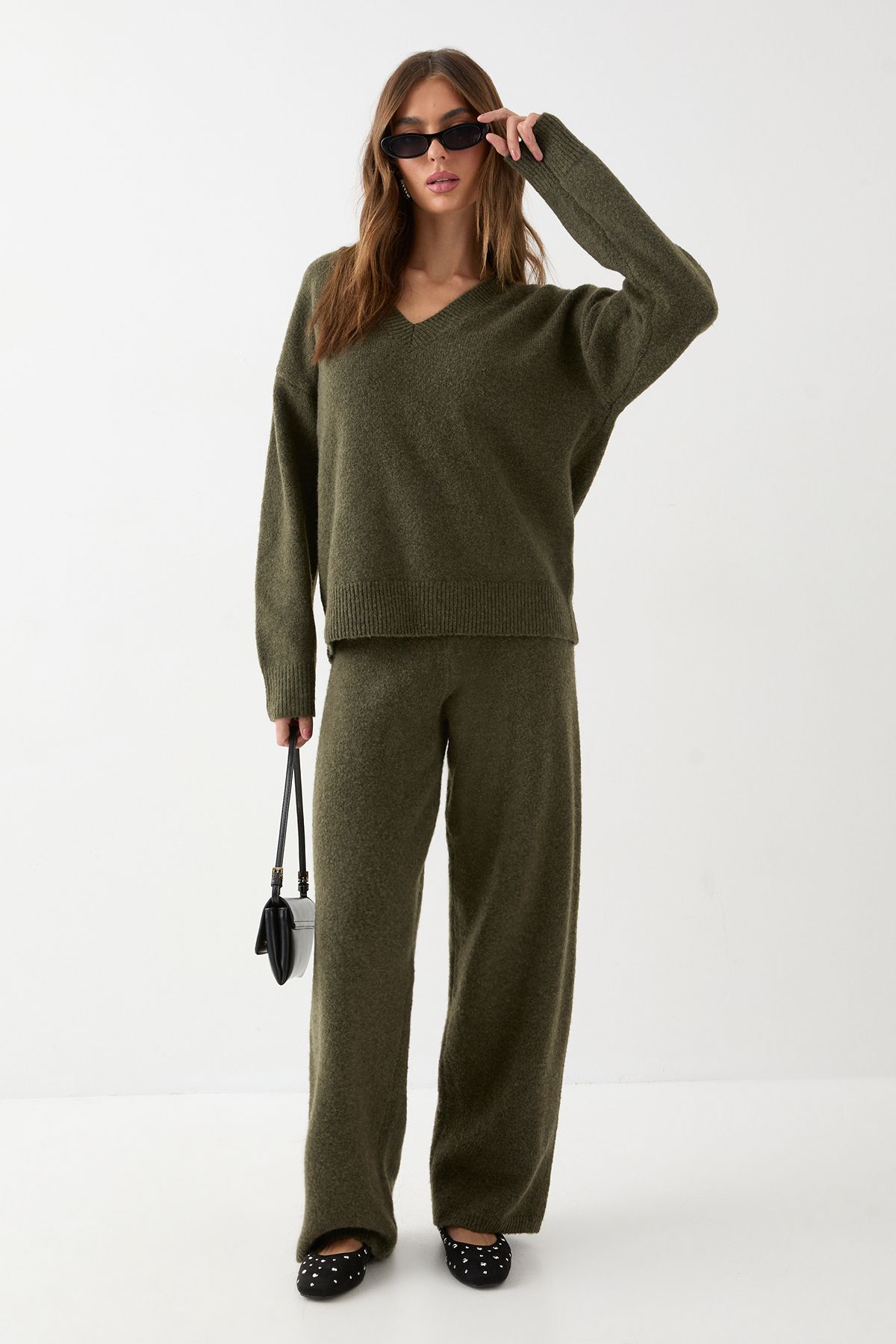 MissPap Knitted Wide Leg Trousers Khaki