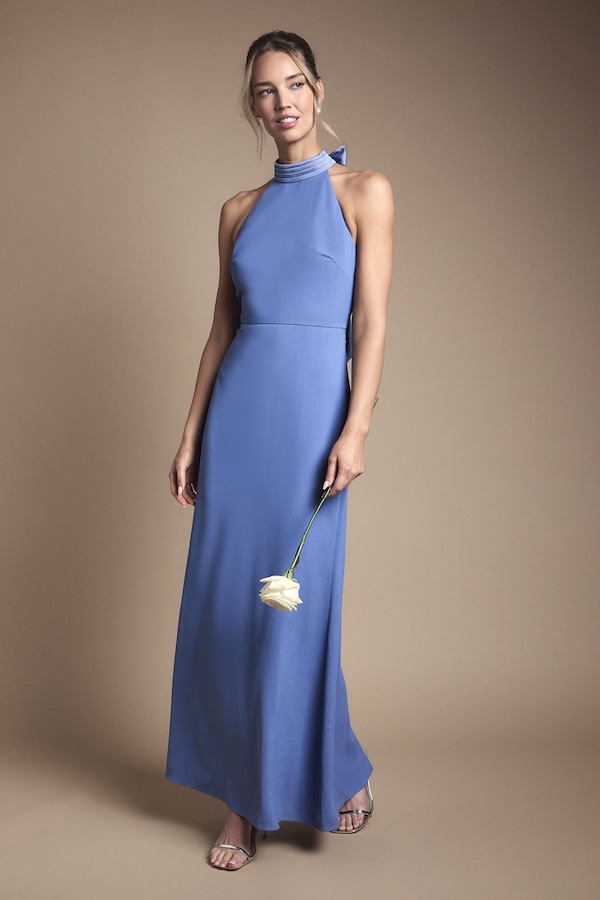 Oasis Halter Pleat Detail Maxi Bridesmaid Dress Slate Blue