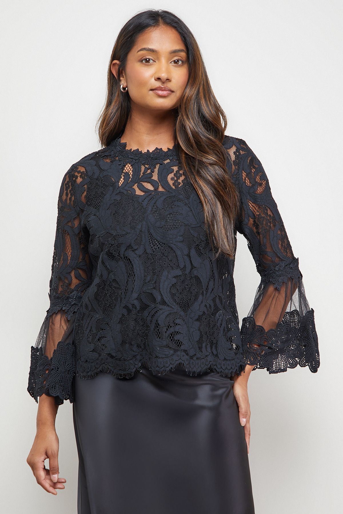 Oasis Lace Scalloped Trim Flared Sleeve Blouse Black image 1