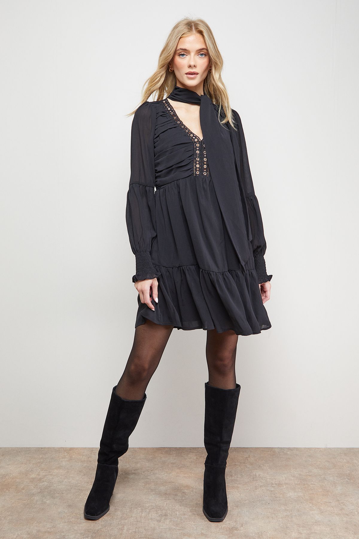 Oasis Ruched Bow Tie Mini Dress With Stud Trim Black image 2