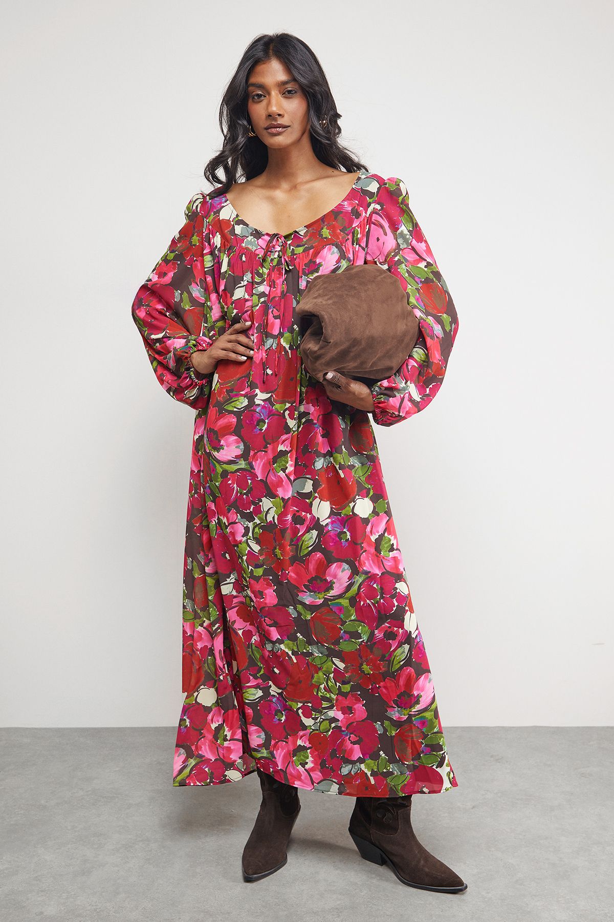 Warehouse Chiffon Tie Front Volume Midi Smock Dress Floral image 4