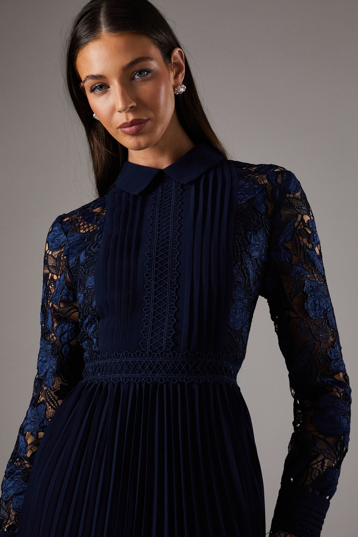 Coast Long Sleeve Lace and Pleated Midi Shirt Dress Navy image 4
