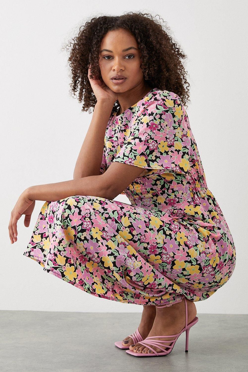 Dorothy Perkins Pink Floral Flutter Sleeve Shirred Waist Midi Dress Pink image 2