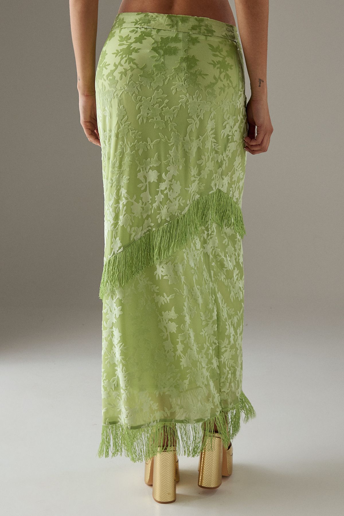 Warehouse Devore Fringe Detail Midi Skirt Apple Green image 3