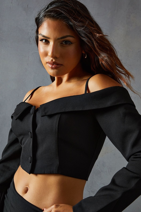 MissPap Tailored Bardot Button Down Top Black