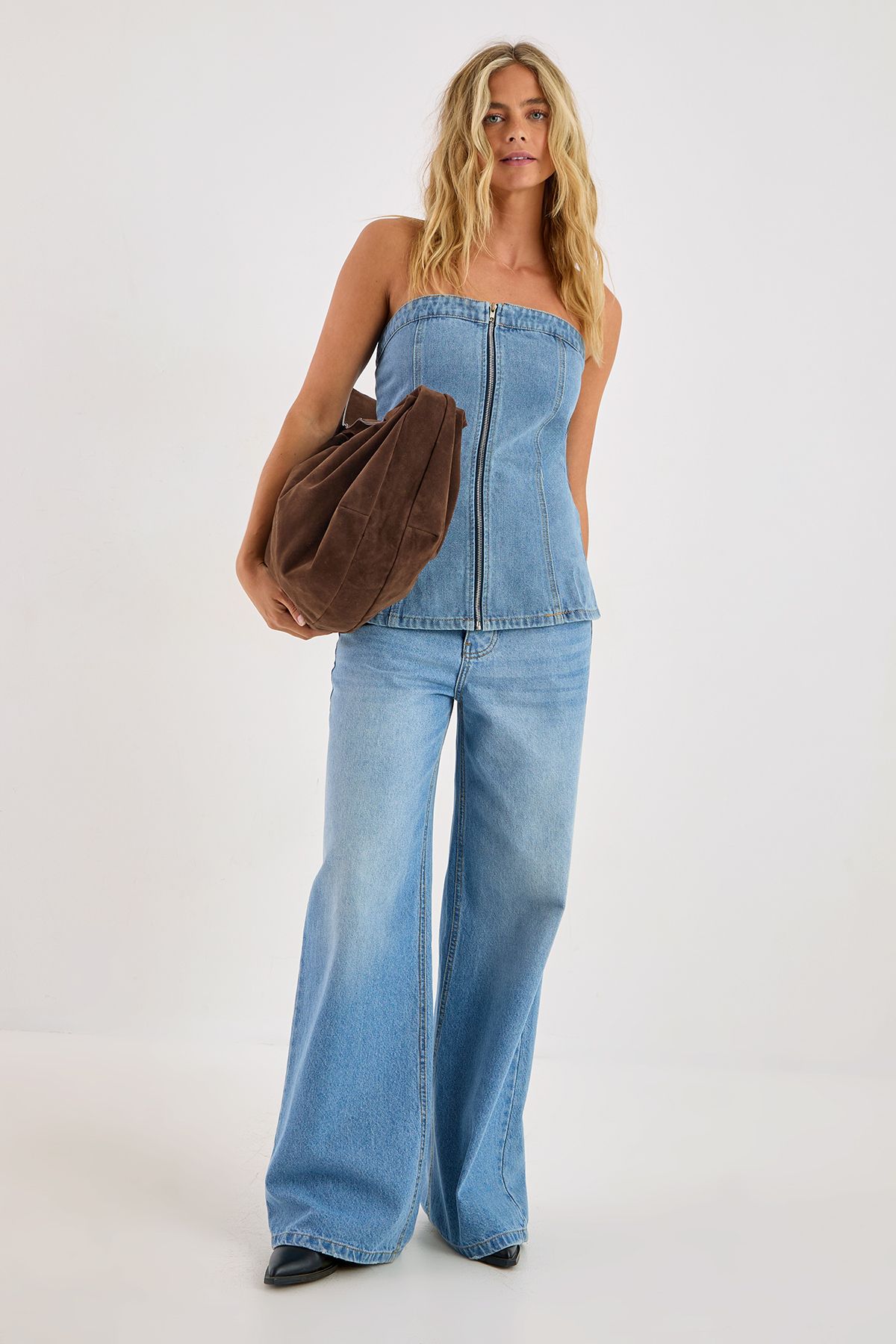 NastyGal Zip Front Bandeau Denim Top Vintage Wash image 2