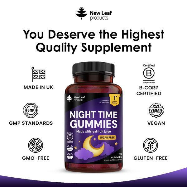 New leaf health Night Time Gummies - Chewable Sleep Aid Supplement - Natural Melatonin Sources + Vitamin B6 & Magnesium - Vegan, Sugar Free image 4