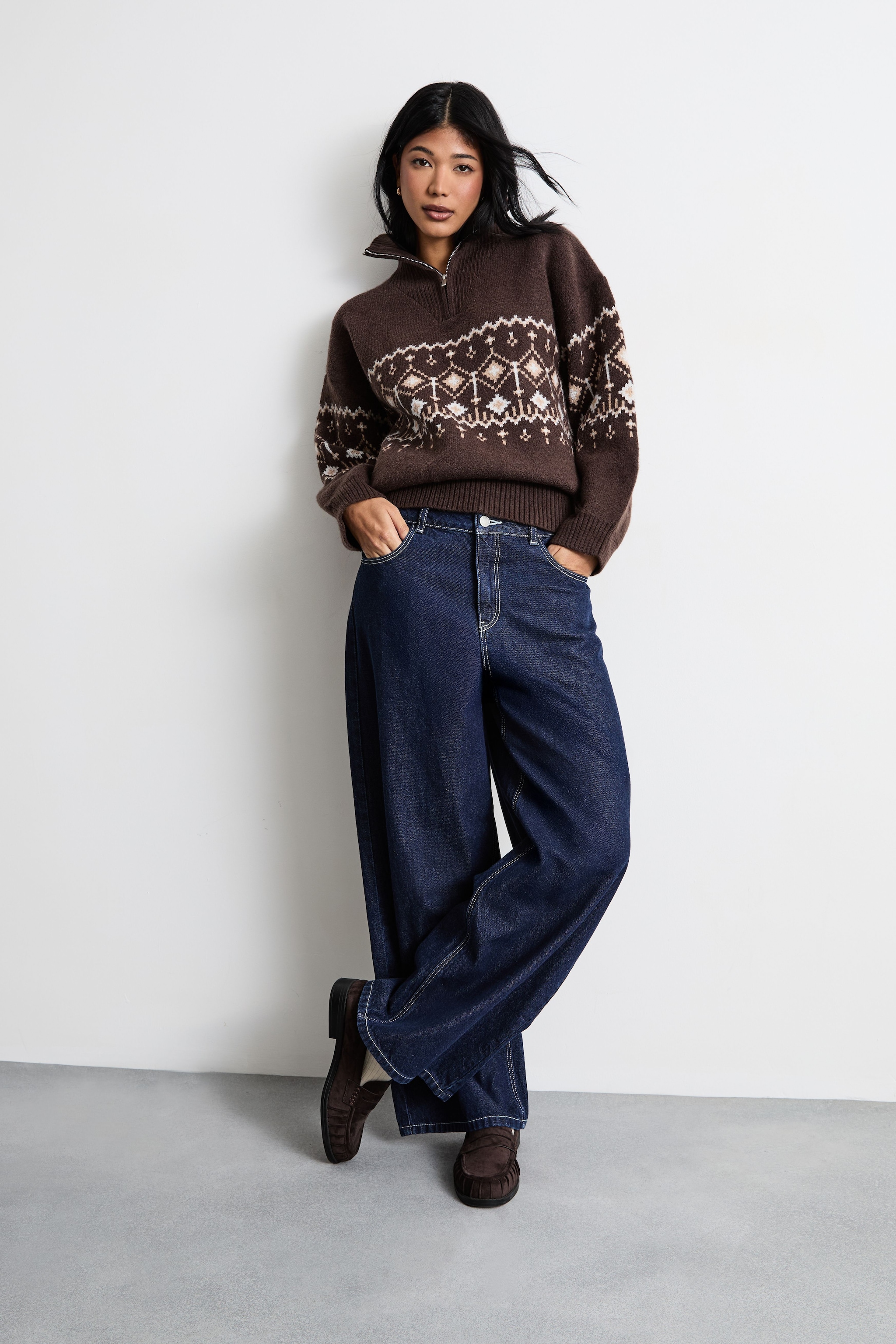 Warehouse Fairisle Half Zip Jumper Chocolate image 1