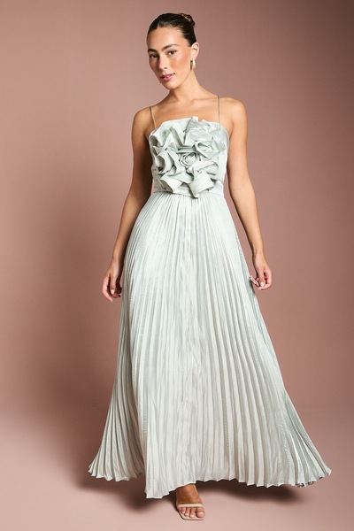 Coast Metallic Strappy Pleated Corsage Maxi Dress Silver