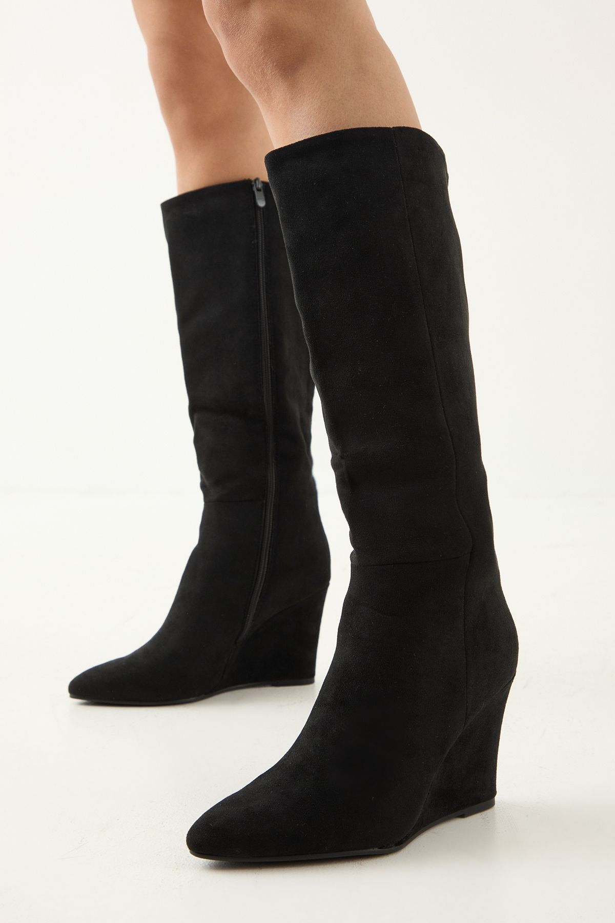 MissPap Faux Suede High Wedge Knee Boots Natural Black image 1