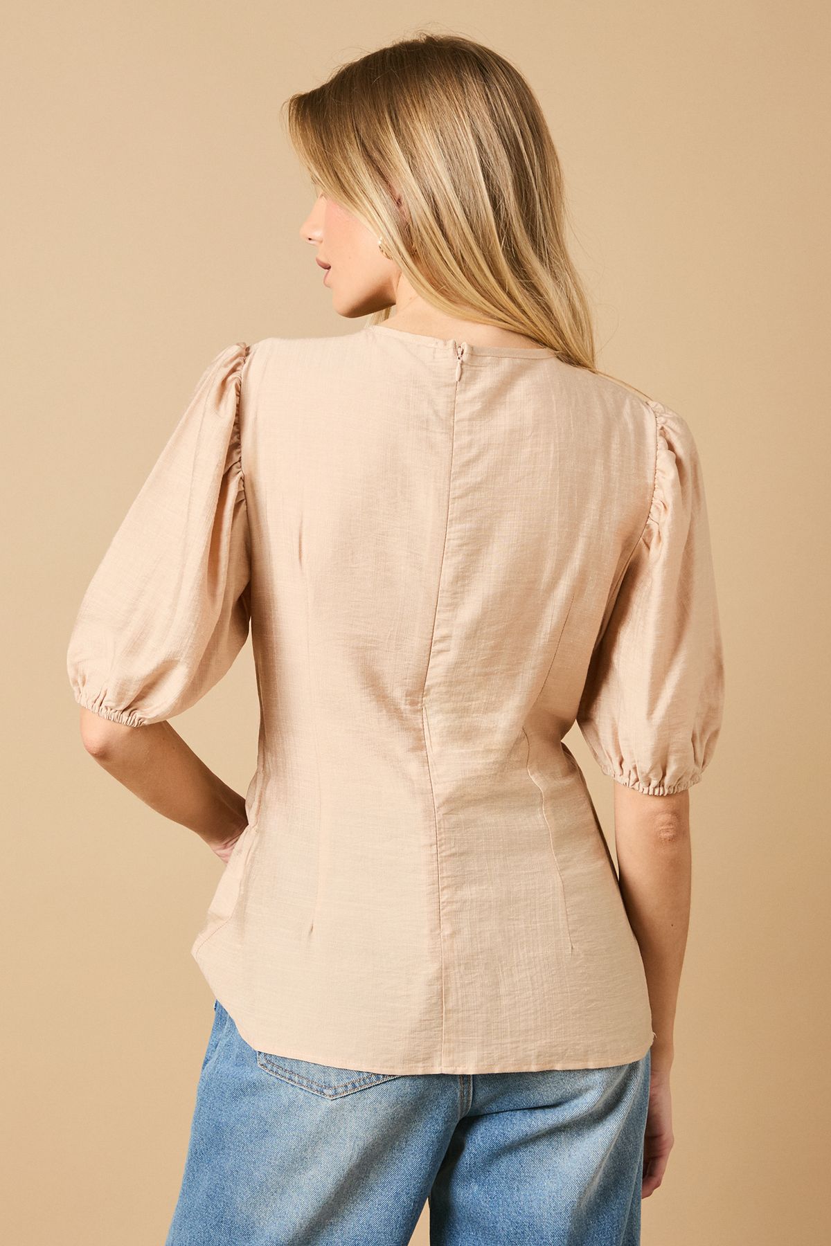 Oasis Shirred Bodice Puff Sleeve Top Stone image 4