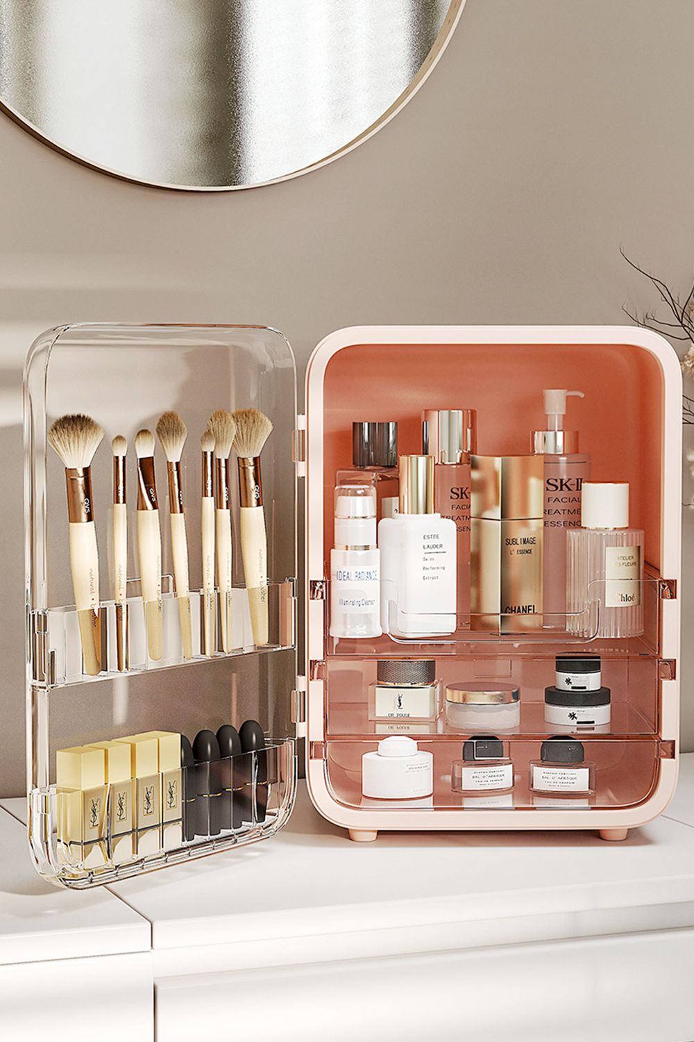 Living and Home Cosmetic Organizer Skincare Display Box Makeup Storage Case with Mirror image 1