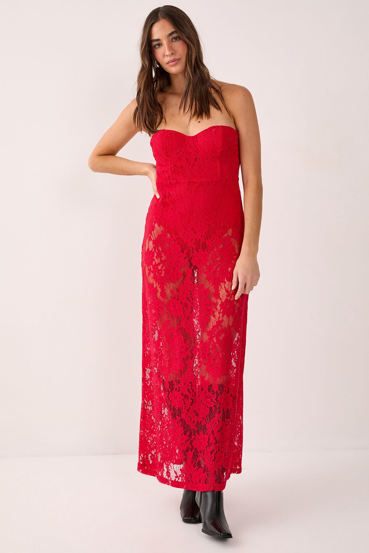 NastyGal Lace Bandeau Sheer Maxi Dress Red image 4