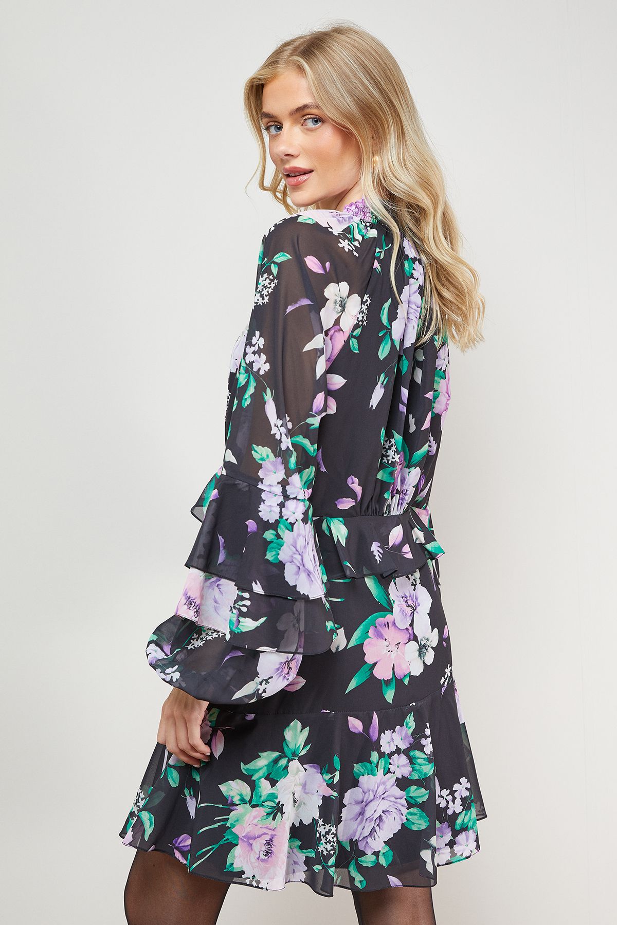 Oasis Printed Fluted Sleeve Ruffle Detail Mini Dress Black image 4