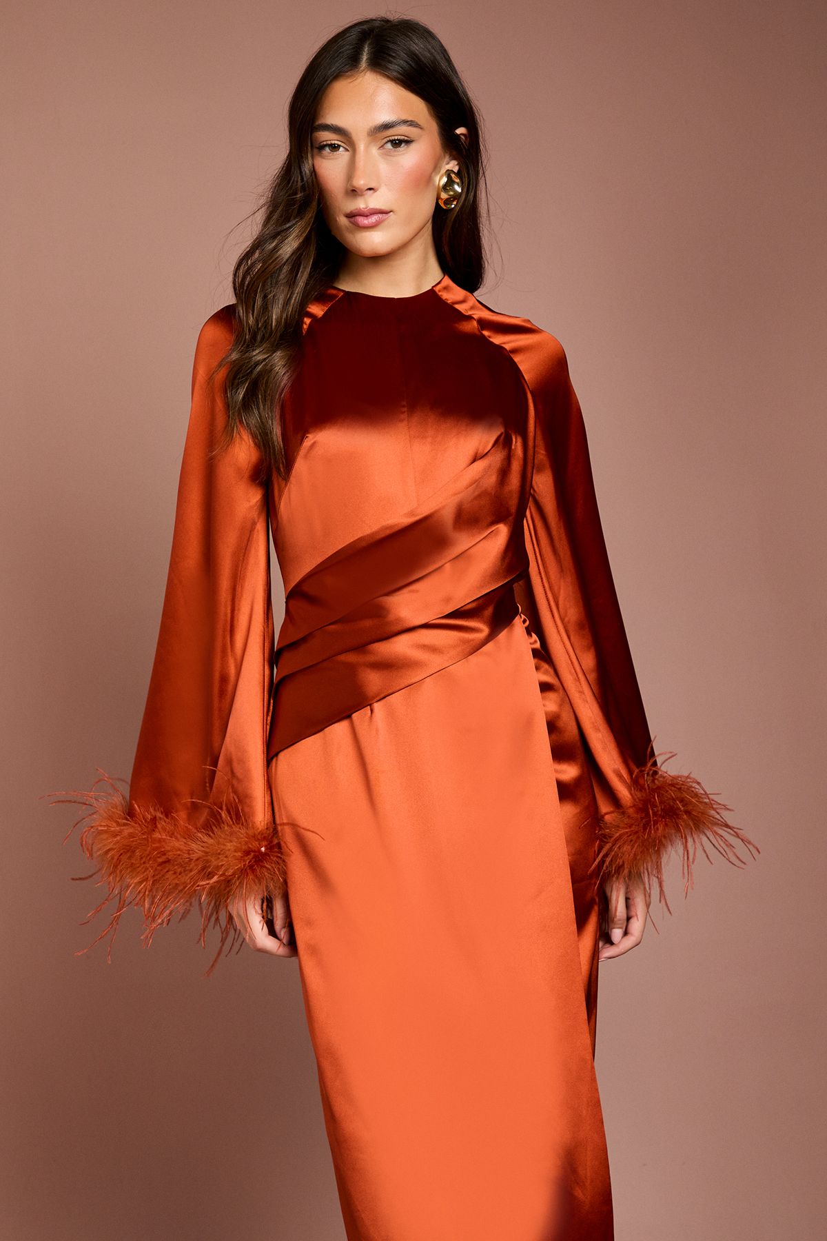 Coast Feather Trim Satin Maxi Dress Rust image 2
