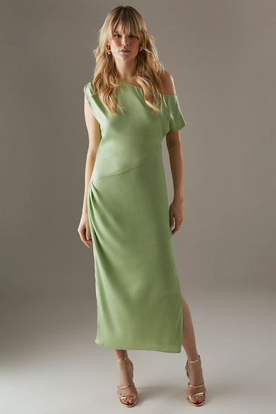 Warehouse Crinkle Satin Fallen Shoulder Knot Side Midi Dress Sage
