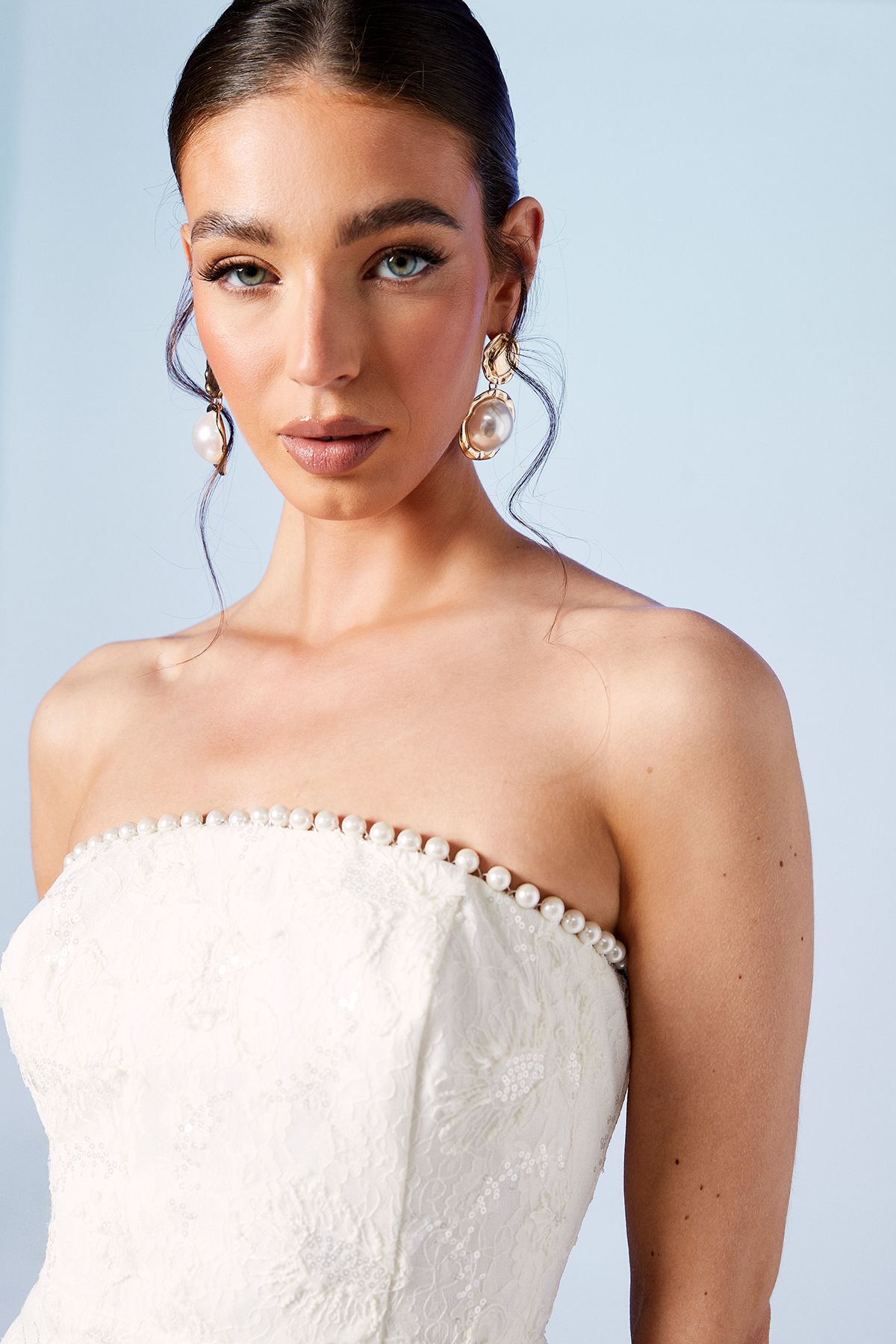 Coast Pearl Detail Sequin Lace Bandeau Bridal Mini Dress Ivory image 4