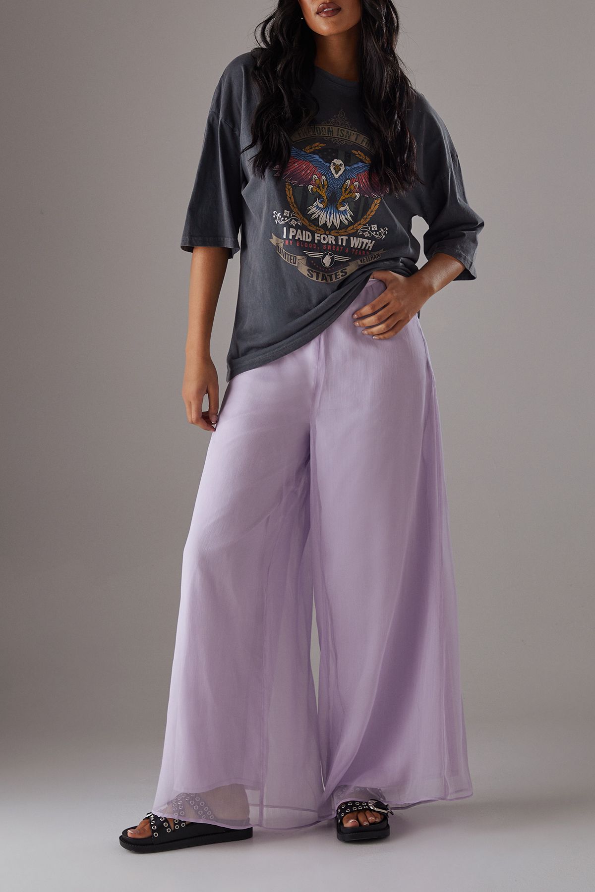 Warehouse Chiffon High Waisted Wide Leg Trousers Lilac image 3