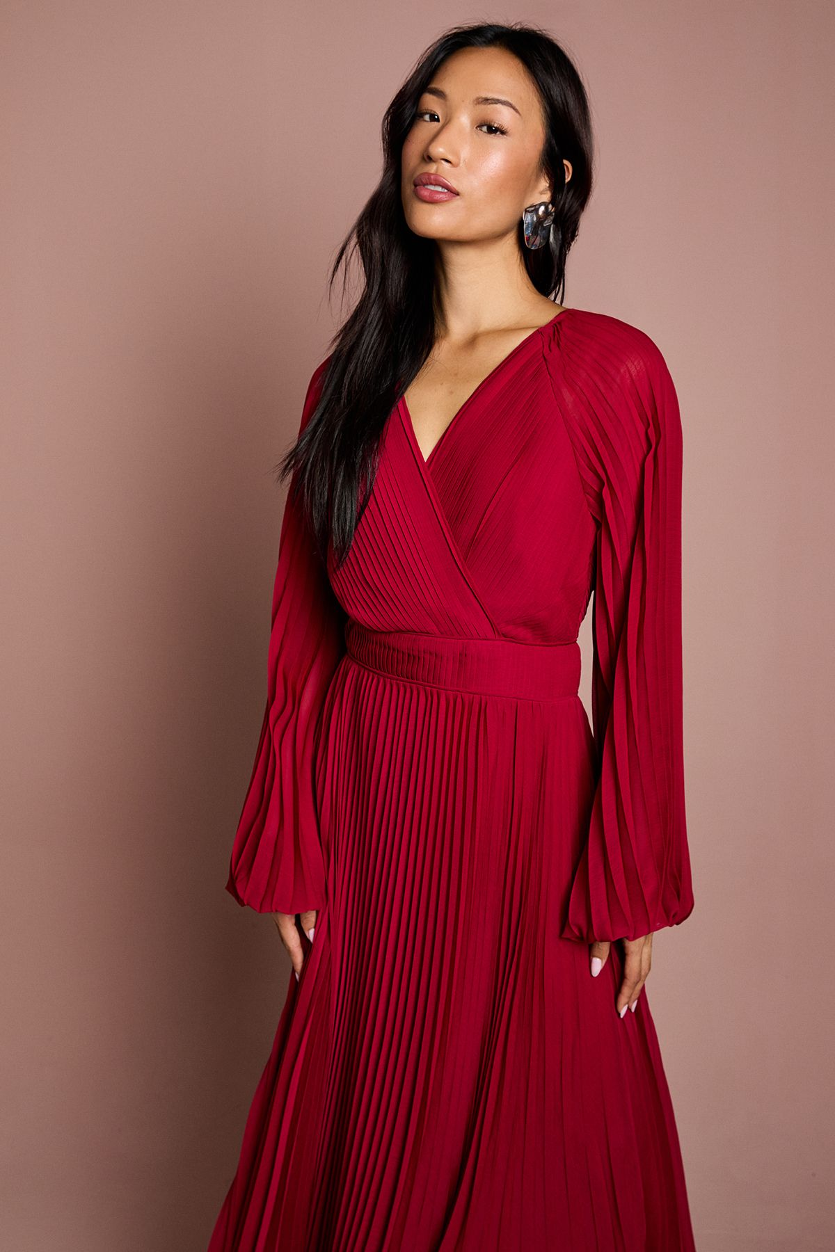 Coast Long Sleeve Chiffon Pleated Wrap Midi Dress Berry image 2