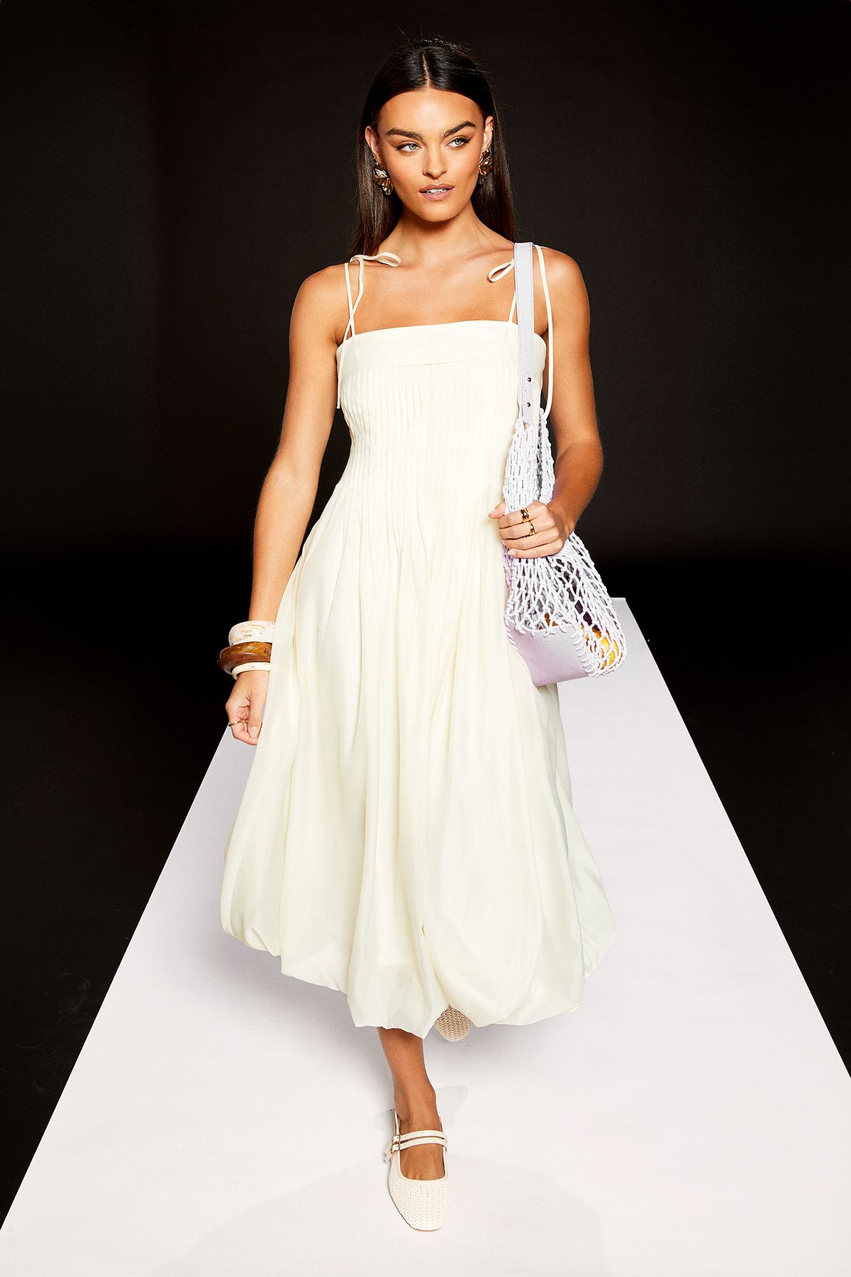 RUNWAY 1.8.1.8 Runway 1.8.1.8 Tie Strap Pleat Detail Midi Dress Lemon image 1