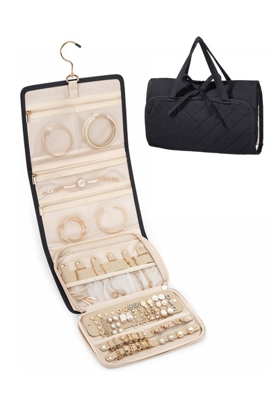 SHEONLY Black Portable Travel Jewellery Organiser Roll with Hook