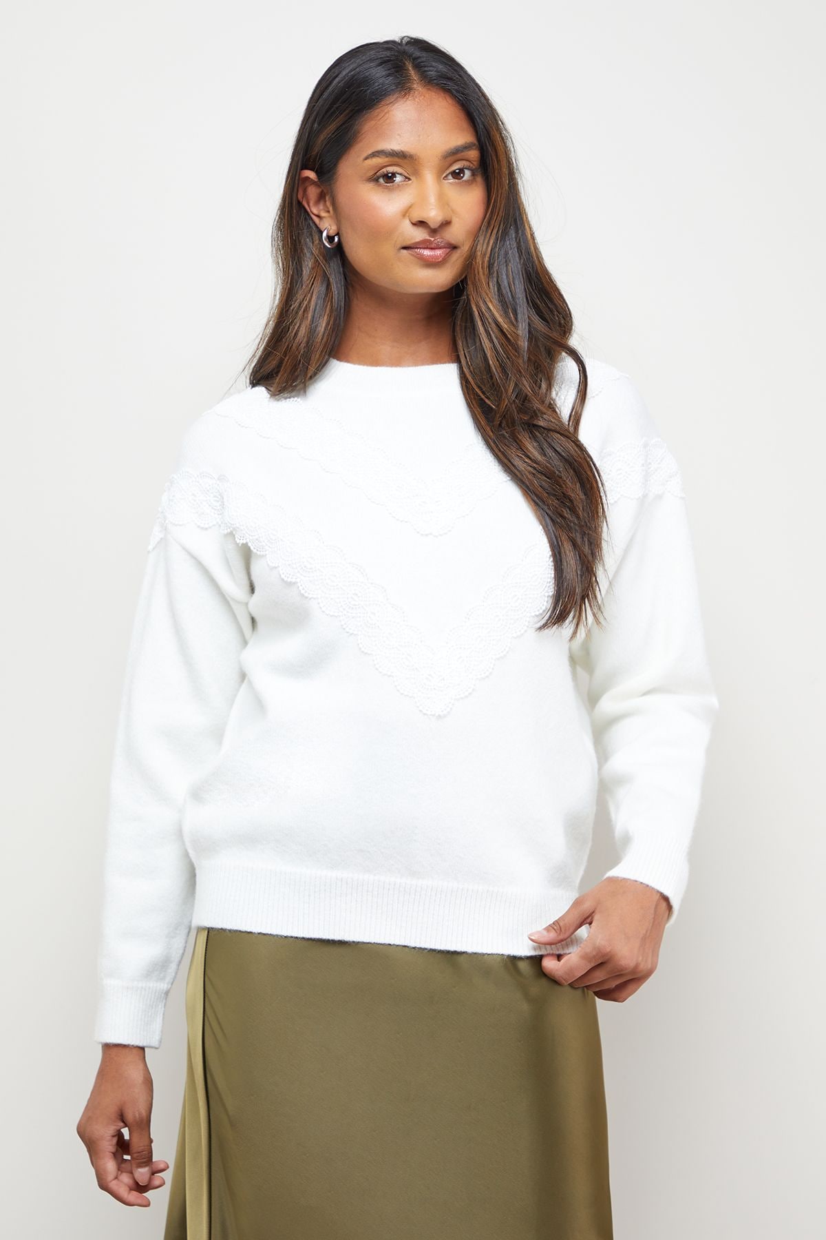 Oasis Lace Trim Crew Neck Jumper Ivory image 1