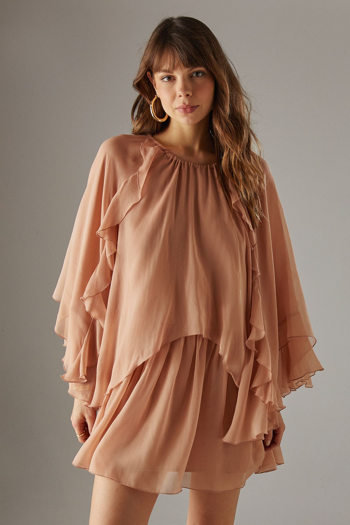 Warehouse Chiffon Ruffle Flared Sleeve Mini Smock Cape Dress Tan