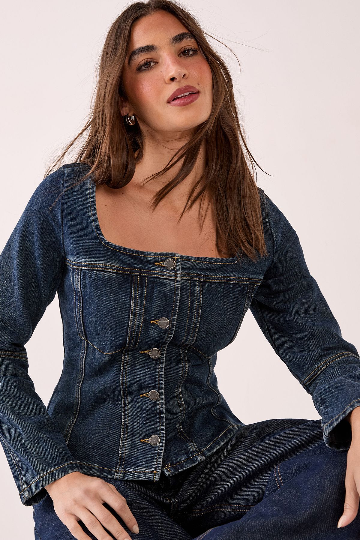NastyGal Button Through Corset Long Sleeve Denim Top Dark Indigo image 1