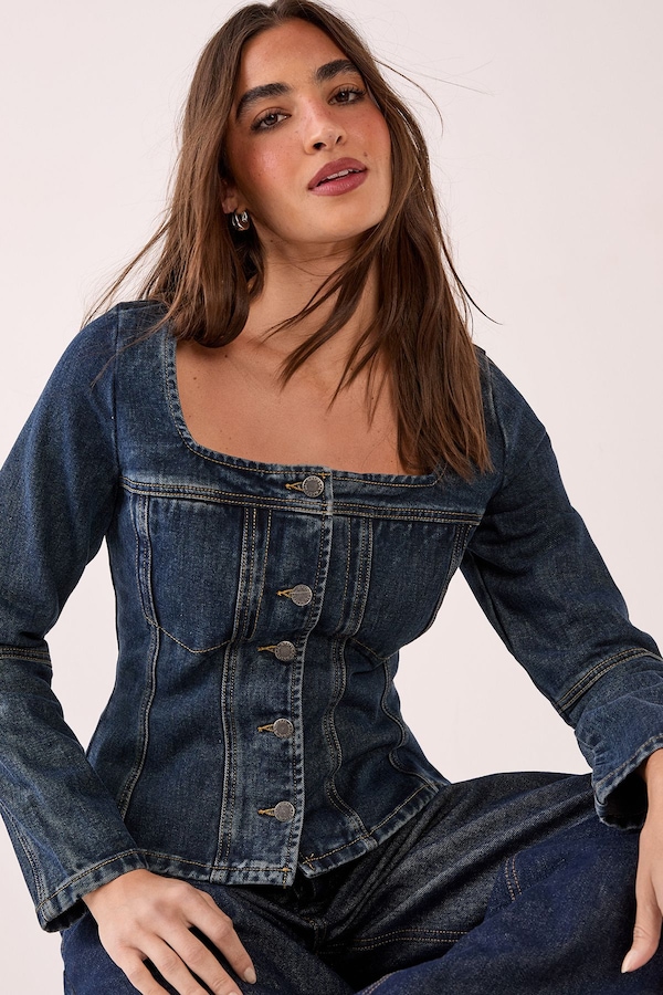 NastyGal Button Through Corset Long Sleeve Denim Top Dark Indigo