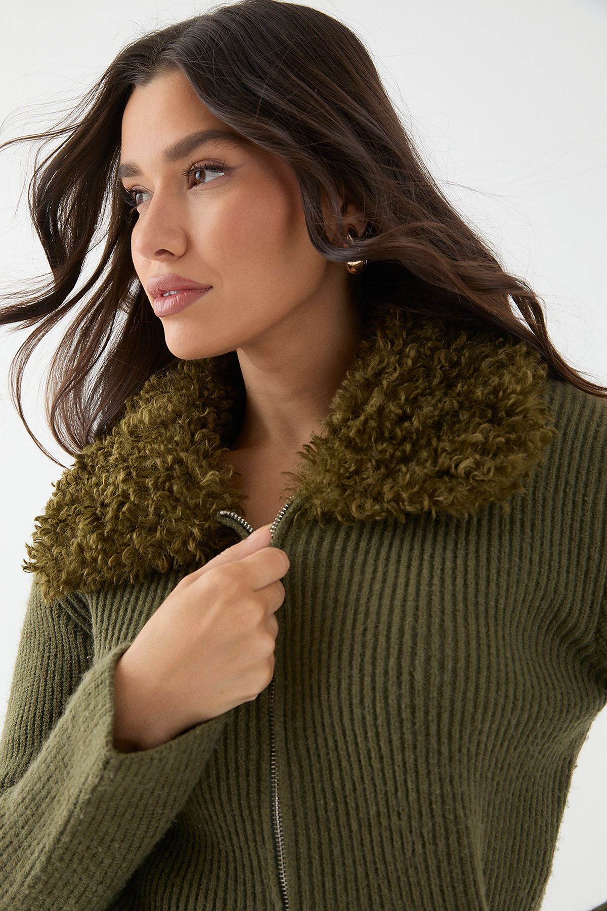 MissPap Teddy Fur Collar Long Sleeve Zip Up Jumper Khaki image 4