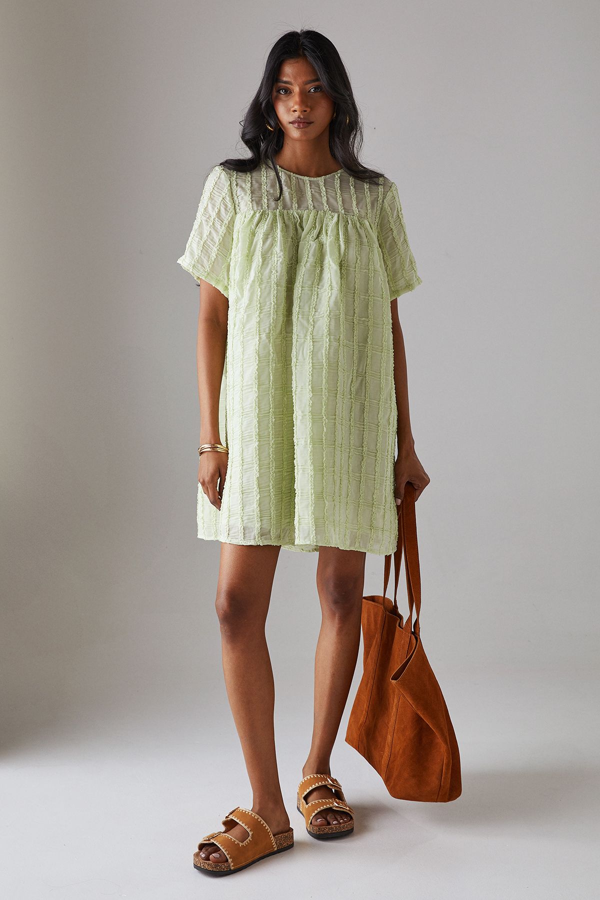 Warehouse Ruffle Organza Babydoll Mini Smock Dress Apple Green image 4