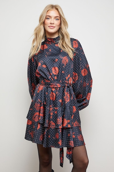 Oasis High Neck Printed Long Sleeve Mini Dress With Belt Floral