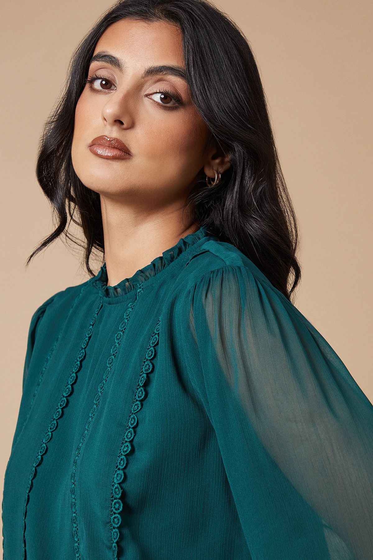 Oasis Lace Trim Chiffon Blouse Dark Green image 3