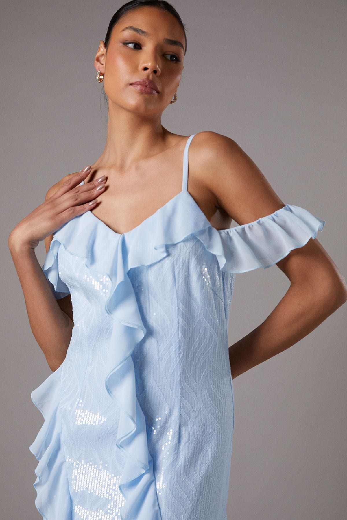 Coast Sequin Frill Midi Wedding Guest Dress Blue image 4