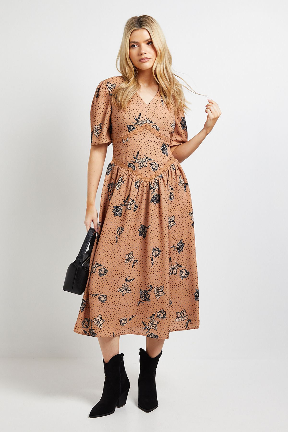 Dorothy Perkins Stone Floral Lace Detail Dropped Waist V Neck Printed Midi Dress Stone image 1