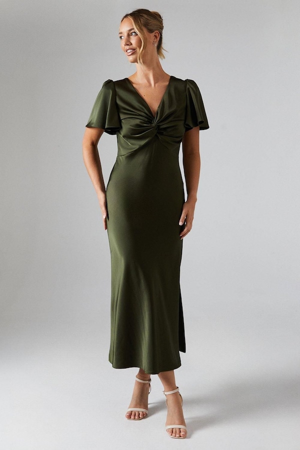 Oasis Oasis by Coast Satin Twist Front Angel Sleeve Midi Bridesmaid Dress Olive