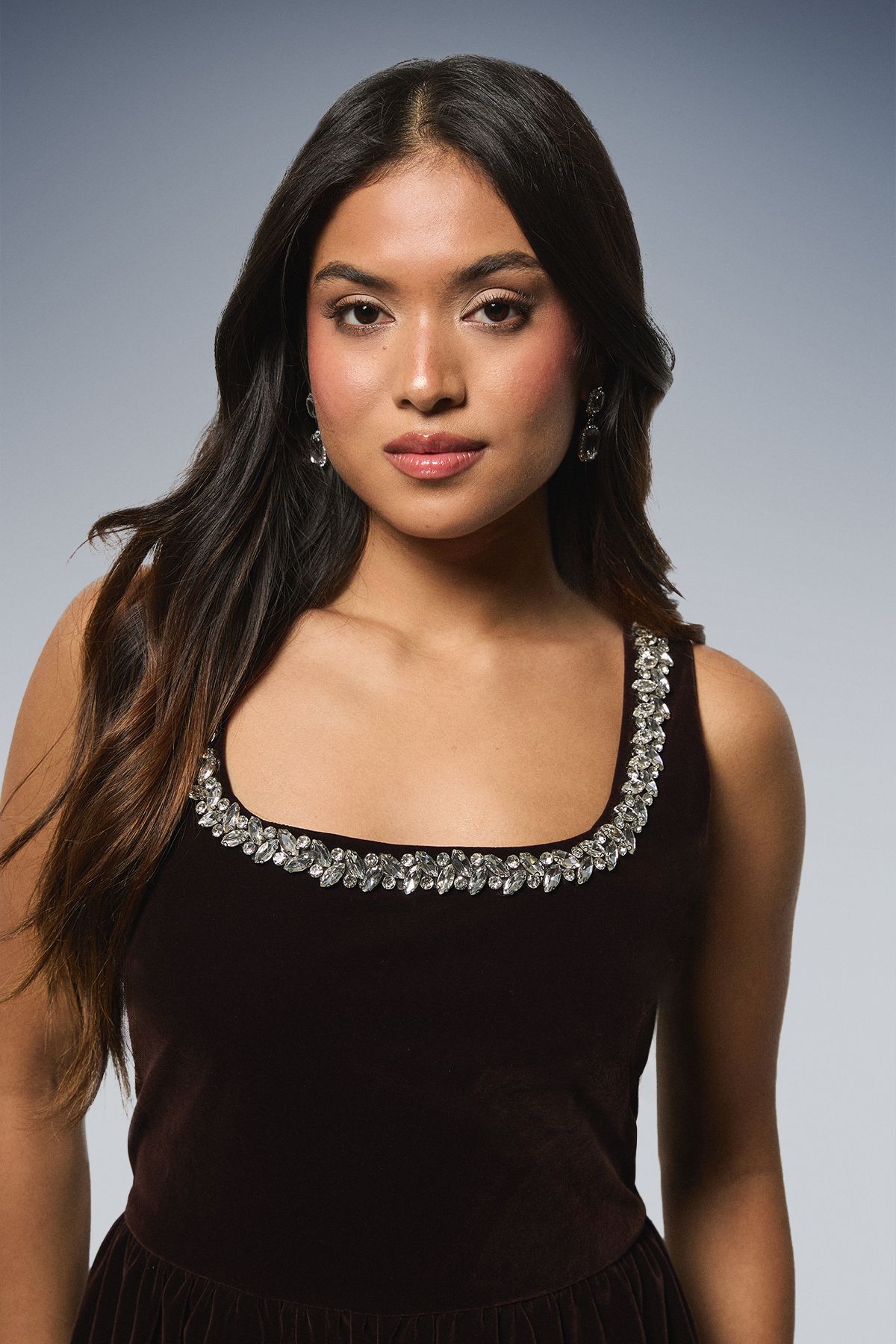 Dorothy Perkins Petite Velvet Embellished Neckline Structured Midi Dress Chocolate image 4