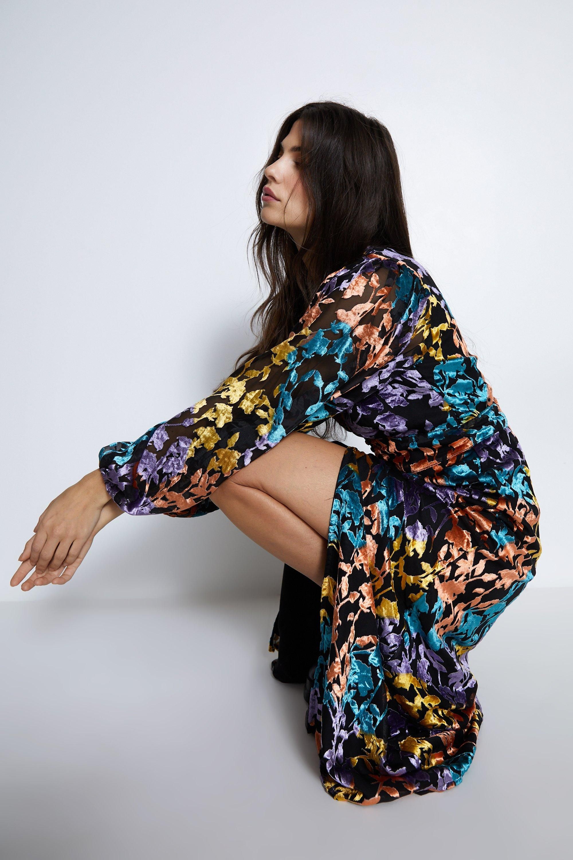 Warehouse Floral Devore Button Through Midi Dress Black image 1