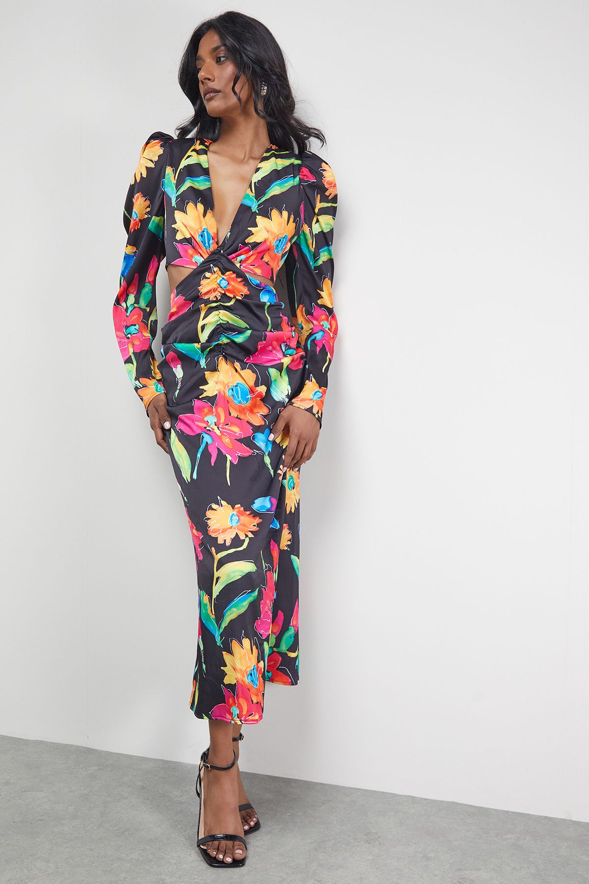 Warehouse Satin Cut Out Waist Plunge Neck Midi Dress Multi